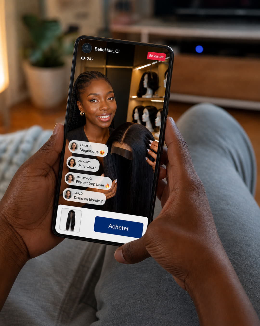 Une cliente regarde un live shopping sur Kaable depuis son canapé — la vendeuse présente une perruque, le chat défile, le bouton Acheter est visible.