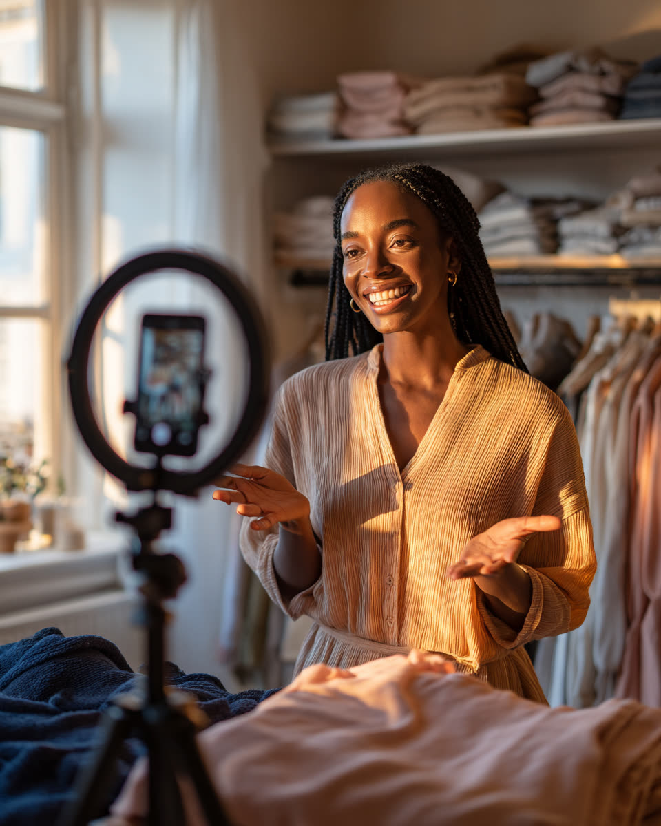 Une vendeuse Kaable présente ses produits depuis sa boutique en direct, devant un trépied avec ring light et un portant de vêtements.